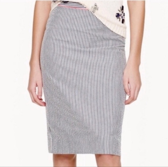 NWOT J.crew Seersucker vertical striped Navy Blue & White Pencil skirt sz 4 - Picture 2 of 15